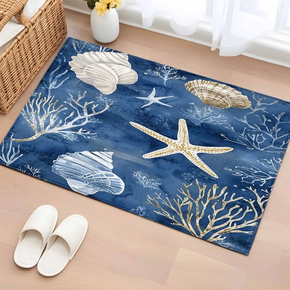 Navy Blue Coastal Bathroom Rug Washable 2x3 Entryway Rug Non Slip Nautical Beach Starfish Coral Summer Front Door Mat Low Pile Indoor Doormat Throw Floor Carpet for Kitchen Bedroom Entrance