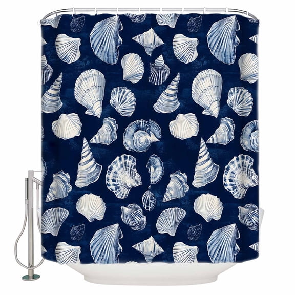 Navy Blue Coastal Bathroom Shower Curtains with 12 Hooks Polyester Waterproof Shower Curtain for Stalls and Bathtubs Shell Conch Summer Beach Nautical Decorative Bathroom Privacy Curtain 36x72 Inches