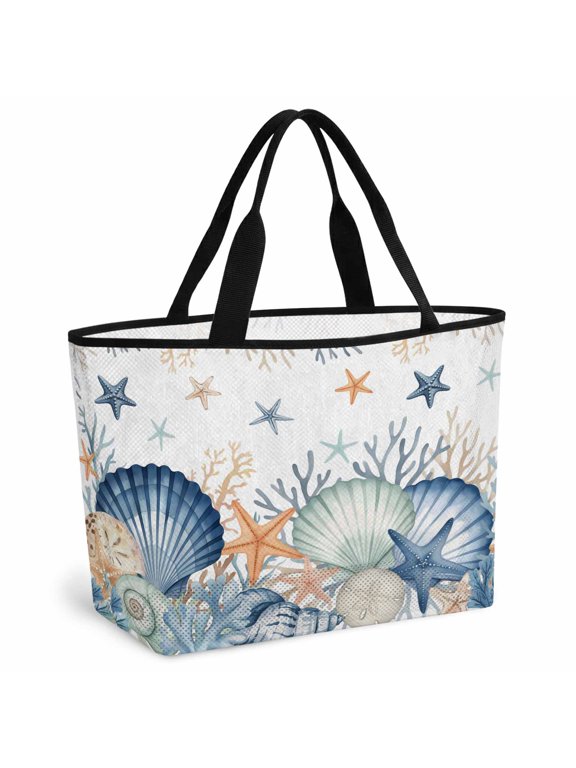 Navy Blue Coastal Beach Bag for Women, Large Breathable Mesh Beach Tote Bag, Shell Starfish Coral Nautical Summer Beach Sandproof Lightweight Travel Bags for Vacation Picnic Swimming Pool