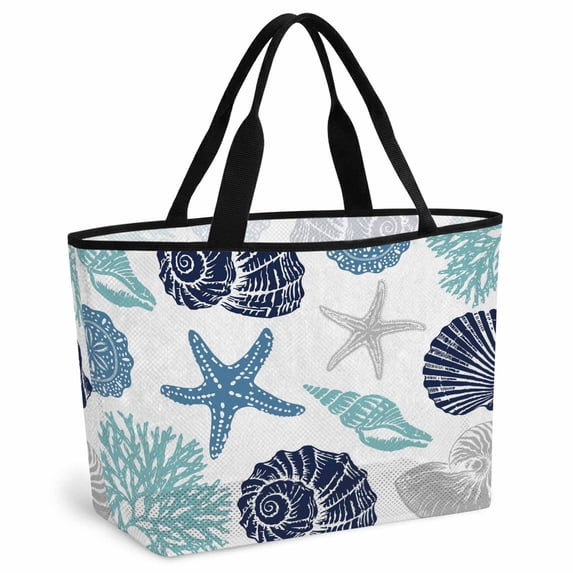 Navy Blue Coastal Beach Bag for Women, Large Breathable Mesh Beach Tote Bag, Starfish Shell Coral Summer Beach Ocean Sandproof Lightweight Travel Bags for Vacation Picnic Swimming Pool