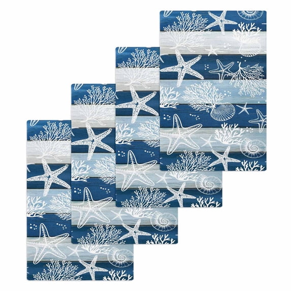 Navy Blue Coastal Beach Kitchen Dish Towels for Drying Dishes Set of 4, Nautical Starfish Coral Vintage Wooden Waffle Weave Microfiber Hand Tea Bathroom Towels Quick Dry & Absorbent Towel 15.7x23.6