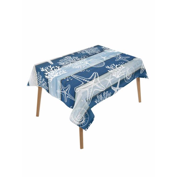 Navy Blue Coastal Beach Rectangle Tablecloth, Nautical Starfish Coral Vintage Wooden Waterproof & StainResistant Tablecloth, Washable Oil-proof Table Cover for Dining/Party/Wedding/Buffet 52x70 In