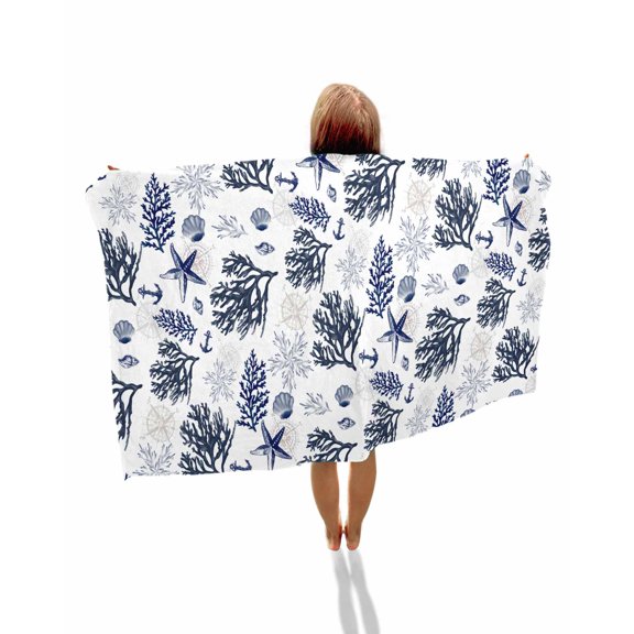 Navy Blue Coastal Beach Towels Oversized Super Absorbent, Coral Shell Summer Beach Nautical Lightweight Bath Towel Quick Dry Sets For Bathroom/Pool/Rv Camping/Beach Play/Gym Room/Picnic 23"x47"