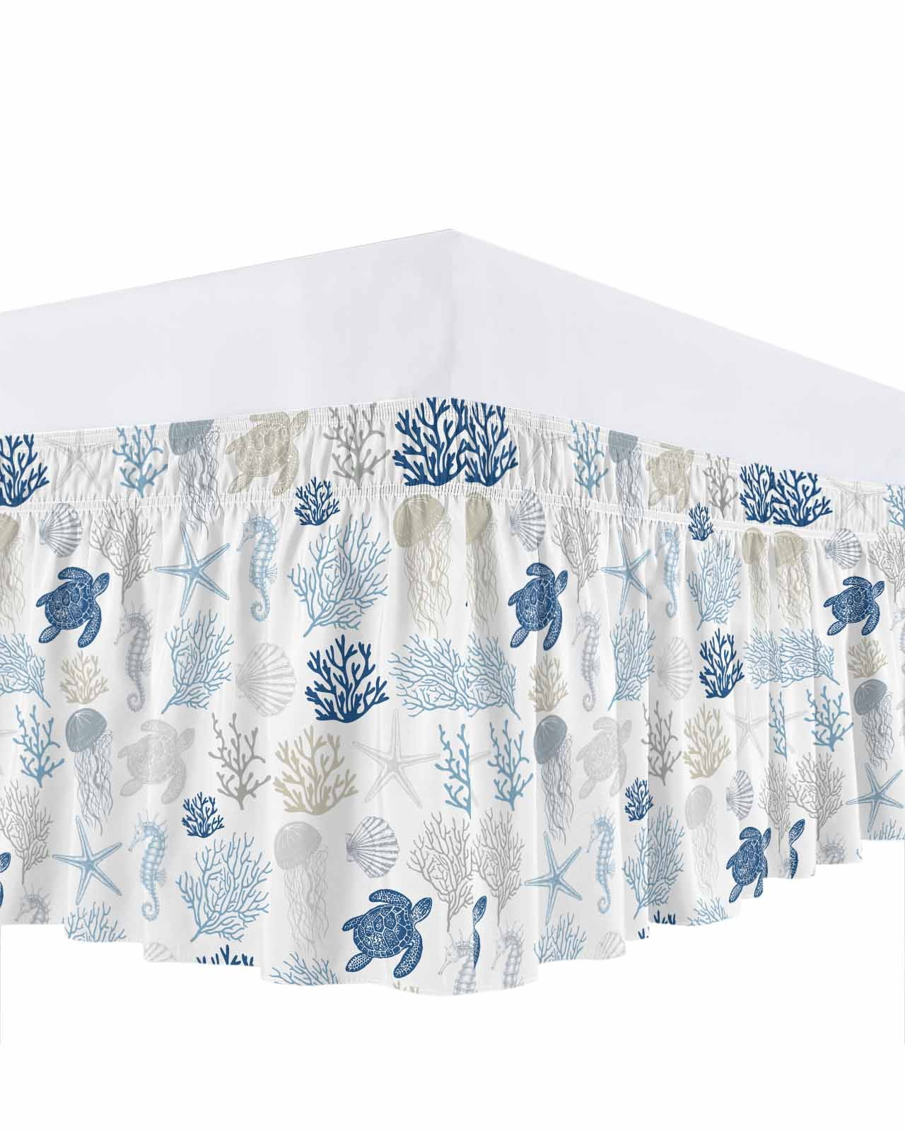 Navy Blue Coastal Bed Skirt Cal King Size, Nautical Summer Beach Coral Sea Turtle Wrap Around Bed Skirting with Adjustable Elastic Strap, Dust Ruffled Pleated Bedskirts 18 Inch Drop for Bedroom Beds