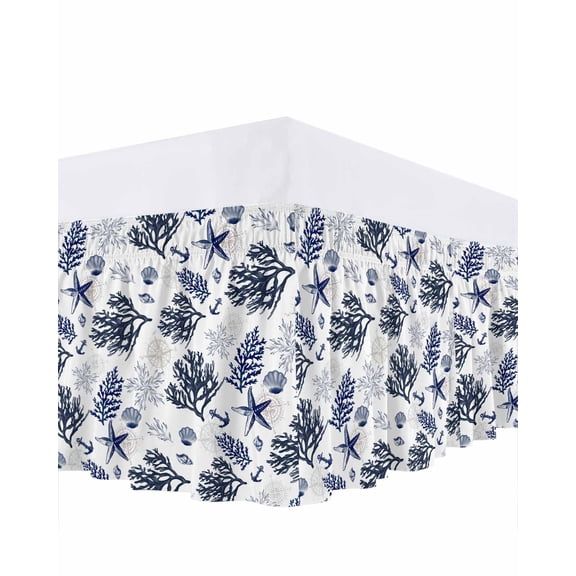 Navy Blue Coastal Bed Skirt Queen Size, Coral Shell Summer Beach Nautical Wrap Around Bed Skirting with Adjustable Elastic Strap, Dust Ruffle Pleated Bedskirts 16 Inch Drop for Bedroom Queen Beds