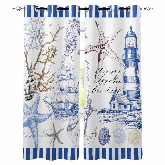 Navy Blue Coastal Blackout Curtains for Bedroom, Summer Nautical Lighthouse Starfish Room Darkening Window Drapes for Living Room, Thermal Insulated Grommet Curtains, 52x84 inch, 2 Panels