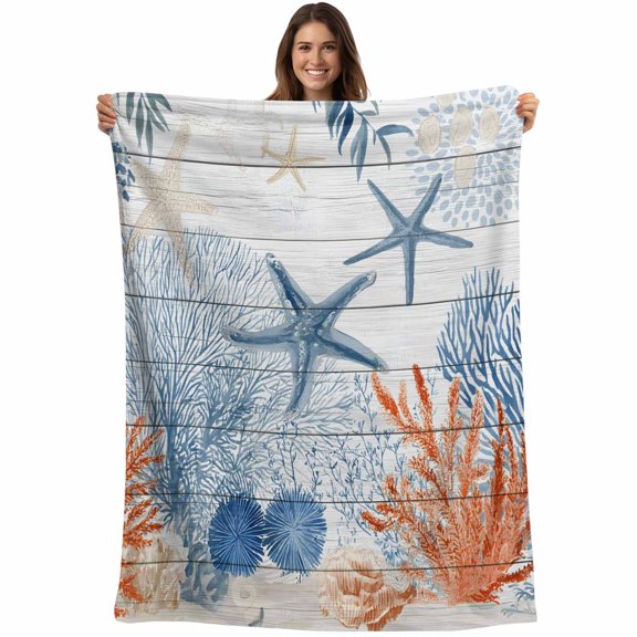 Navy Blue Coastal Blanket Soft Cozy Warm Throw Blanket for Couch, Plush Fuzzy Flannel Blankets for Sofa, Nautical Summer Beach Ocean Coral Wooden Bed Blankets Lightweight Gifts for Women, 50"x60"