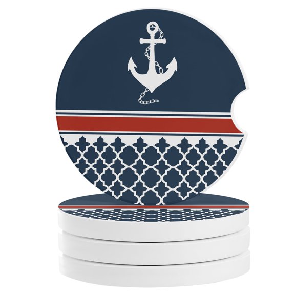Navy Blue Coastal Car Coasters for Cup Holders Set of 4 Absorbent, 2.56" Ceramic Drinks Cupholder Coasters with Finger Notch Nautical Ocean Sea Anchor Abstract Art Auto Interior Accessories for Women