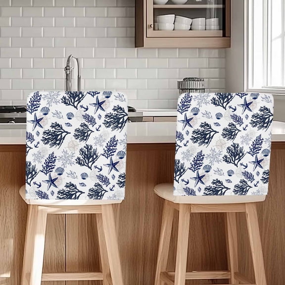 Navy Blue Coastal Chair Back Cover for Dining Room, Coral Shell Summer Beach Nautical Removable Kitchen Chair Slipcovers, Washable Seat Protector for Restaurant Party Banquet Wedding Décor