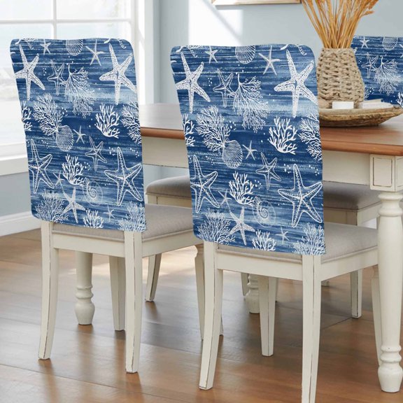 Navy Blue Coastal Chair Back Covers Set of 1, Nautical Starfish Coral Shell Vintage Removable Dining Seat Cover Washable Kitchen Chair Slipcovers Protective for Party Decoration 19x20in