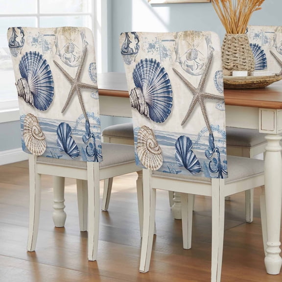 Navy Blue Coastal Chair Back Covers, Vintage Sea Beach Shell Starfish Removable Chair Covers for Dining Chairs Set of 4, Washable Chairs Slipcovers Back Seat Protector for Wedding Party 19"x20"