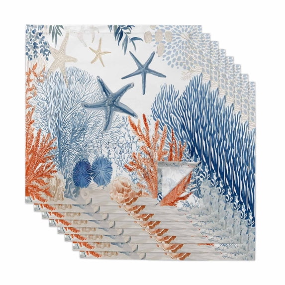 Navy Blue Coastal Cloth Napkins, Nautical Summer Beach Coral Starfish Ocean Washable and Reusable Dinner Napkins Set of 8, Table Napkin for Kitchen Party Birthday Wedding Hotel Housewarming 20"x20"