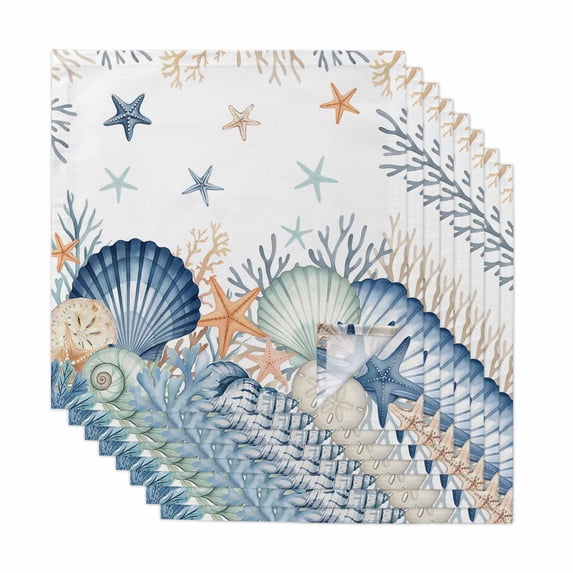 Navy Blue Coastal Cloth Napkins, Shell Starfish Coral Nautical Summer Beach Washable and Reusable Dinner Napkins Set of 8, Table Napkin for Kitchen Party Birthday Wedding Hotel Housewarming 20"x20"