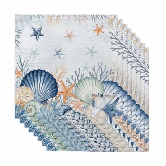 Navy Blue Coastal Cloth Napkins, Shell Starfish Coral Nautical Summer Ocean Washable and Reusable Dinner Napkins Set of 8, Table Napkin for Kitchen Party Birthday Wedding Hotel Housewarming 20"x20"