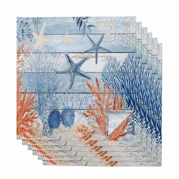 Navy Blue Coastal Cloth Napkins, Starfish Coral Summer Nautical Wooden Washable and Reusable Dinner Napkins Set of 6, Table Napkin for Kitchen Party Birthday Wedding Hotel Housewarming 20"x20"
