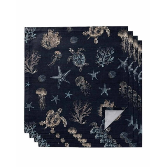 Navy Blue Coastal Cloth Napkins Washable Set of 4, Nautical Summer Beach Sea Turtle Starfish Reusable Dinner Table Napkins Cloth Bulk for Weddings Kitchen Restaurants Hotel Events Party 20 x 20 Inch