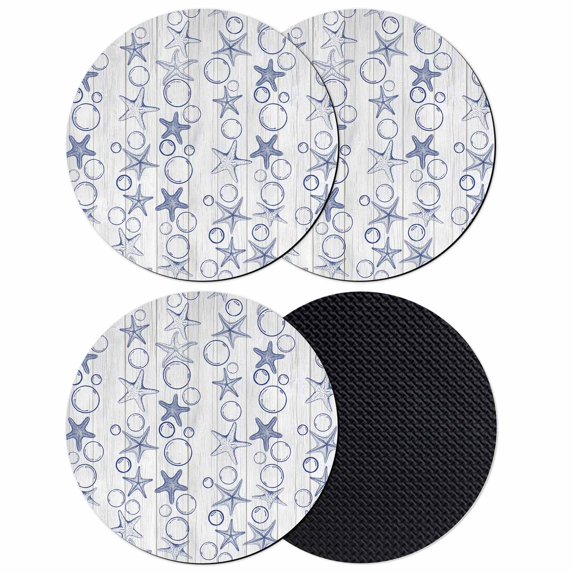 Navy Blue Coastal Coasters Set of 4, Absorbent Coasters for Drinks, Starfish Nautical Ocean Sea Wooden Coaster for Desk Coffee Table Protection, Home Decor House Warming Gifts 4"