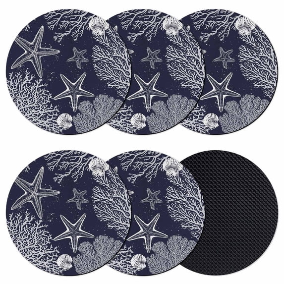 Navy Blue Coastal Coasters Set of 6, Absorbent Coasters for Drinks, Starfish Coral Summer Beach Ocean Coaster for Desk Coffee Table Protection, Home Decor House Warming Gifts 4"