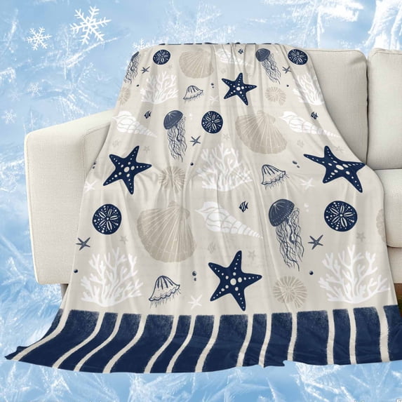 Navy Blue Coastal Cooling Blanket,Lightweight Breathable Summer Throw Blanket with Double Sided Cold Effect,Ocean Nautical Starfish Coral Striped Picnic Blankets Bed Sheet for Hot Sleepers 40"x60"