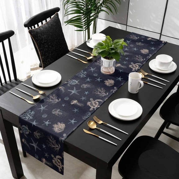 Navy Blue Coastal Cotton Linen Small Table Runner 13 x 48 inch Nautical Summer Beach Sea Turtle Starfish Non-slip Rectangular Dining Table Decor for Wedding Party Holiday Dinner