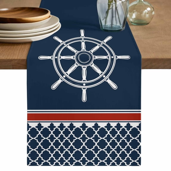 Navy Blue Coastal Cotton Linen Table Runner for Dining Kitchen, Nautical Ocean Sea Rudder Abstract Art Wedding Outdoor Party Tablerunners, Dresser Scarf Coffee Tablecloth Runners 13x72 Inches
