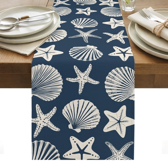 Navy Blue Coastal Cotton Linen Table Runner Starfish Shell Ocean Nautical Dining Table Runners for Home Decor Party Dining Room Restaurant Kitchen Party 13" x 48"
