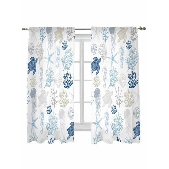 Navy Blue Coastal Curtains 72 Inch Length,Sheer Curtains for Bedroom Living Room Window Nautical Summer Beach Coral Sea Turtle Rod Pocket Drapes Kitchen Curtains Small Half Window 52"x72" 2 Panels