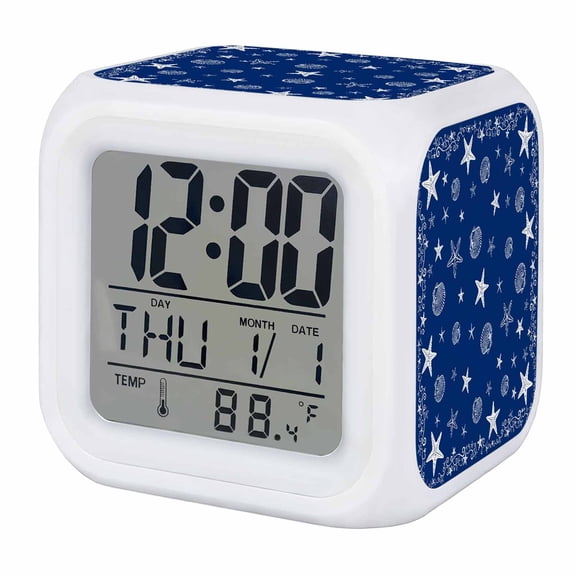 Navy Blue Coastal Digital Alarm Clock for Bedrooms,Smart LED Alarm Clock with 7 Color Changing Night Light,Summer Beach Starfish Shell Nautical Silent Wake Up Clocks for Sleep Study Cooking 3.2"x3.2"