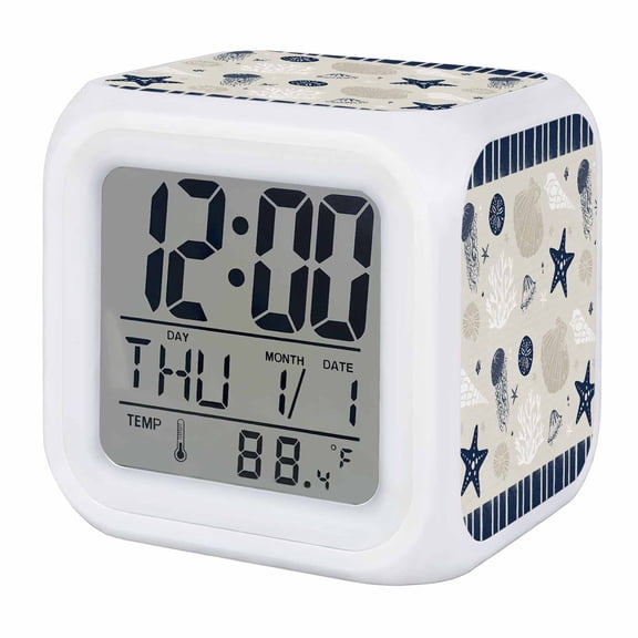 Navy Blue Coastal Digital Alarm Clock for Bedrooms,Smart LED Alarm Clock with 7 Color Night Light,Ocean Nautical Starfish Coral Striped Silent Wake Up Clocks for Sleep Study Cooking 3.2"x3.2"