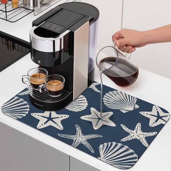 Navy Blue Coastal Dish Drying Mats for Kitchen Counter, Starfish Shell Ocean Nautical Absorbent Coffee Bar Mat with Non-slip Rubber Backed Quick Drying Dish Rack Pad 12"x16"