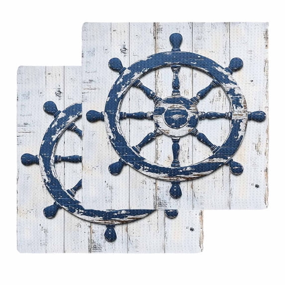 Navy Blue Coastal Dish Towels Set, Waffle Weave Kitchen Towels 2 Pieces, Nautical Summer Rudder Vintage Microfiber Hair Face Bath Tea Towel Absorbent Quick Drying Cleaning Dish Cloths, 12"x12"