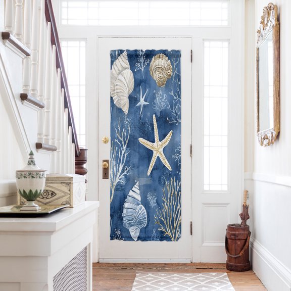 Navy Blue Coastal Door Curtains for Door Window,French Sidelight Front Back Door Curtains With Tieback,Nautical Beach Starfish Coral Summer Kitchen Rod Pocket Drapes Privacy Window Blind 25"x72"