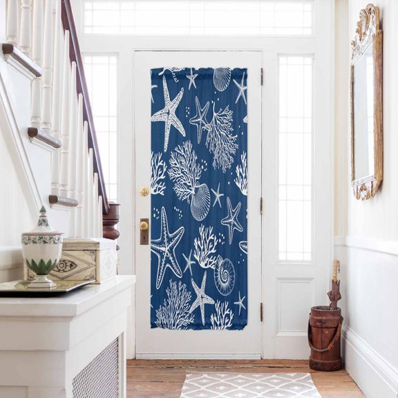 Navy Blue Coastal Door Curtains for Door Window,French Sidelight Front Back Door Curtains With Tieback,Nautical Beach Starfish Coral Summer Kitchen Rod Pocket Drapes Privacy Window Blind 25"x72"