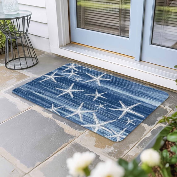 Navy Blue Coastal Door Mat Indoor Outdoor,Summer Ocean Waves Ombre Sea Starfish Non Slip Welcome Mat with Rubber Backing,Absorbent Front Door Mats Entryway Rug for Home Patio Entrance 20"x31.5"