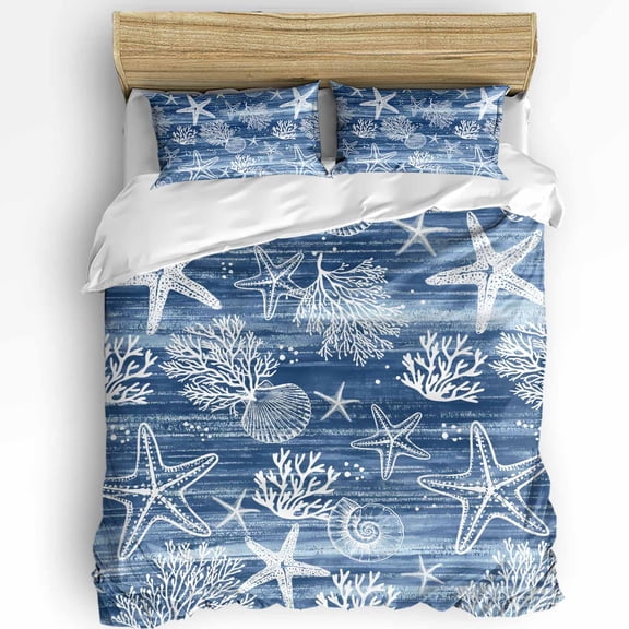 Navy Blue Coastal Duvet Cover Twin Size, Summer Beach Ocean Coral Starfish Comforter Cover with Zipper Closure, 3 Piece Bedding Sets 1 Duvet Cover 68x90 Inches and 2 Pillow Shams