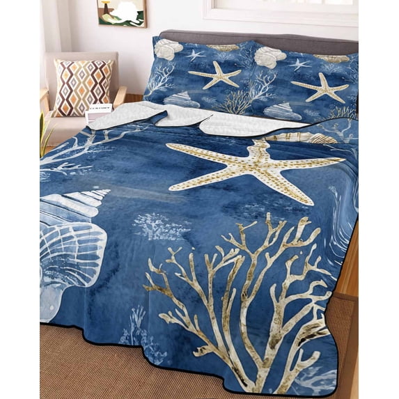 Navy Blue Coastal Full Size Down Alternative Comforter, Lightweight Comforter Quilt Bedding Set with Pillow Shams Nautical Beach Starfish Coral Summer All Seasons Bed Comforter Duvet Insert 78"x90"