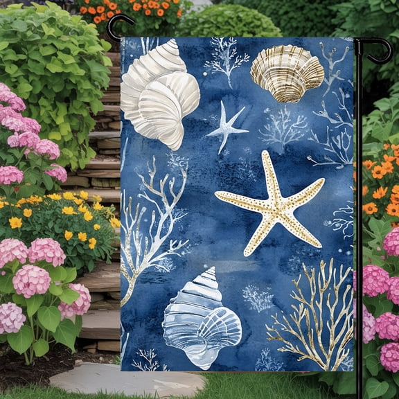Navy Blue Coastal Garden Flag 28x40 Double Sided - Welcome Garden Flags for All Seasons Outside Dcor, Nautical Beach Starfish Coral Summer Decorative Personalized Yard Flags Large Sign