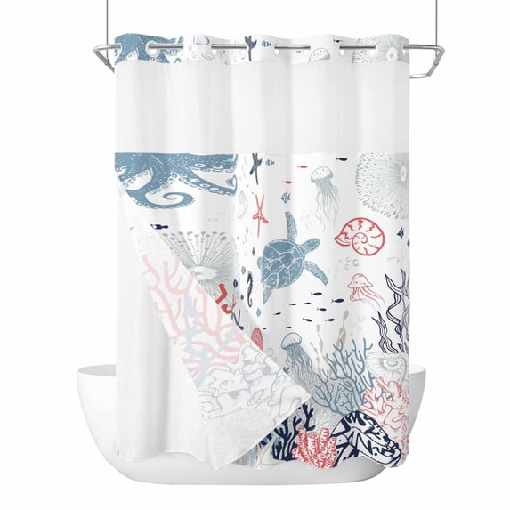 Navy Blue Coastal No Hook Shower Curtain Waterproof, Bathroom Curtains with Snap in Liners and See Through Top Window, Coral Turtle Starfish Jellyfish Hotel Style Bathtub Curtains Shower 72"Wx96"L