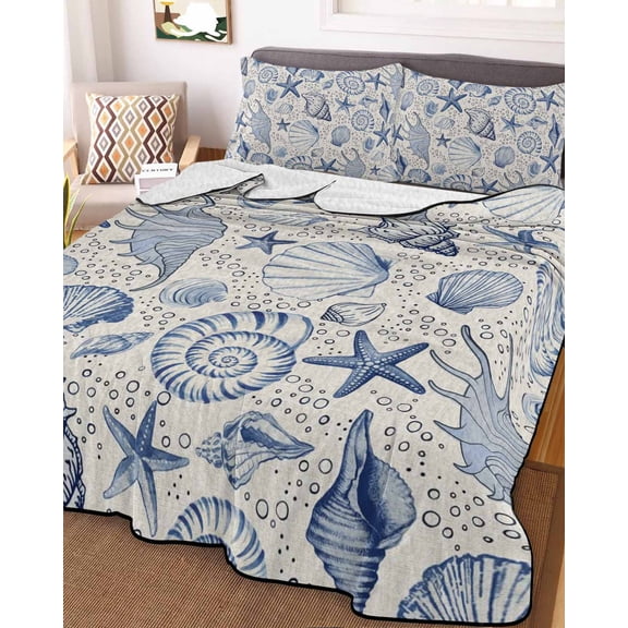 Navy Blue Coastal King Size Down Alternative Comforter,Lightweight Comforter Quilt Bedding Set with Pillow Shams Nautical Ocean Shell Starfish Sea Rustic Bed Comforter Duvet Insert 96"x106"