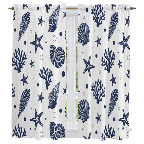 Navy Blue Coastal Kitchen Curtains 63 Inch Length, Nautical Starfish Coral Shell Ocean Tiers Curtains for Living Room Berdoom Bathroom, Light Filtering Drapes Window Treatment 2 Panels 42"Wx63"L