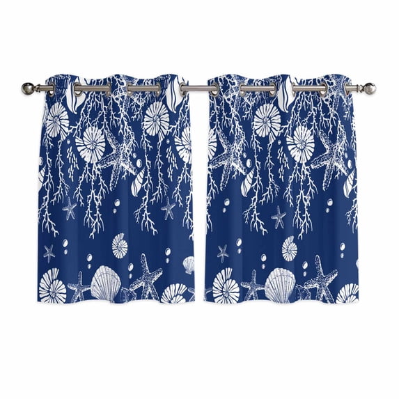 Navy Blue Coastal Kitchen Curtains Short 54 Inch Length, Starfish Coral Ocean Conch Sea Nautical Grommet Top Bedroom Living Room Curtains, Light Filtering Cafe Curtain Drapes 2 Panels Set 84''x54''