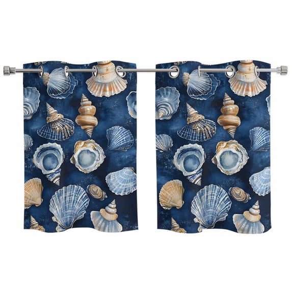 Navy Blue Coastal Kitchen Curtains Small Short 39 Inch Length, Nautical Summer Beach Shell Conch Grommet Top Bedroom Living Room Curtains, Light Filtering Cafe Curtain Drapes 2 Panels Set 55''x39''