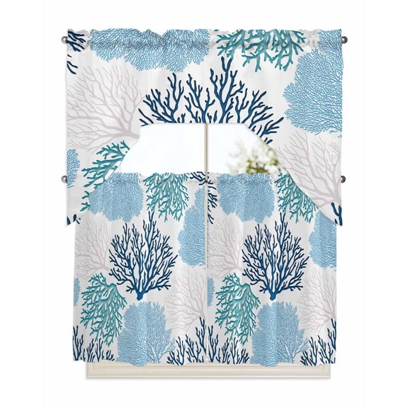 Navy Blue Coastal Kitchen Curtains Swag Valance and Tier Curtains Set 36 Inch Length, Turquoise Coral Ocean Modern Sea Rod Pocket Drape Panels Pair Swag Curtains for Bathroom/Cafe/Window