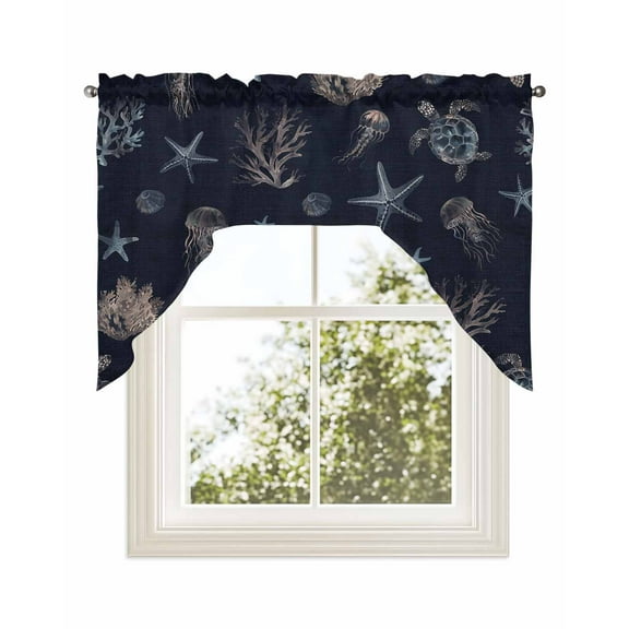 Navy Blue Coastal Kitchen Curtains Swag Valance for Windows/Bathroom/Cafe, Nautical Summer Beach Sea Turtle Starfish Rod Pocket Drape Panel Swag Curtains Valance for Bedroom/Living Room 56"x36"