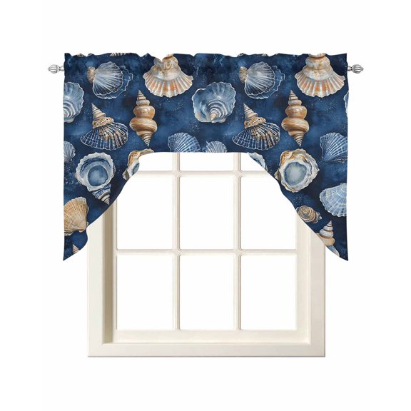 Navy Blue Coastal Kitchen Curtains Swag Valance for Windows/Bathroom/Cafe, Nautical Summer Beach Shell Conch Rod Pocket Drape Panel Swag Curtain Valance for Bedroom/Living Room 55''x36''
