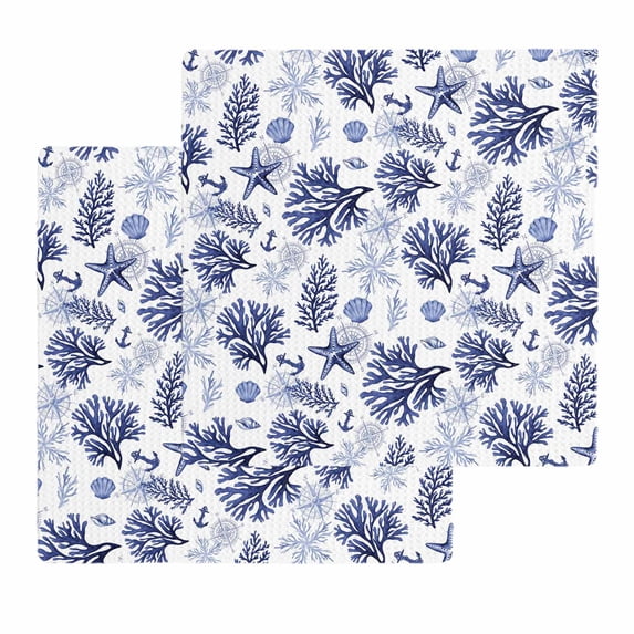 Navy Blue Coastal Kitchen Dish Towels for Drying Dishes Set of 2, Coral Starfish Seaside Summer Beach Waffle Weave Microfiber Hand Tea Bathroom Towels Quick Dry & Absorbent Towel 12x12