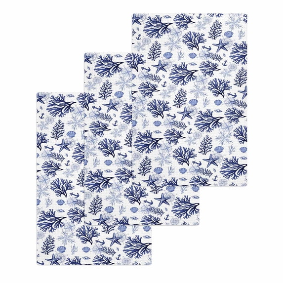 Navy Blue Coastal Kitchen Dish Towels for Drying Dishes Set of 3, Coral Starfish Seaside Summer Beach Waffle Weave Microfiber Hand Tea Bathroom Towels Quick Dry & Absorbent Towel 15.7x23.6