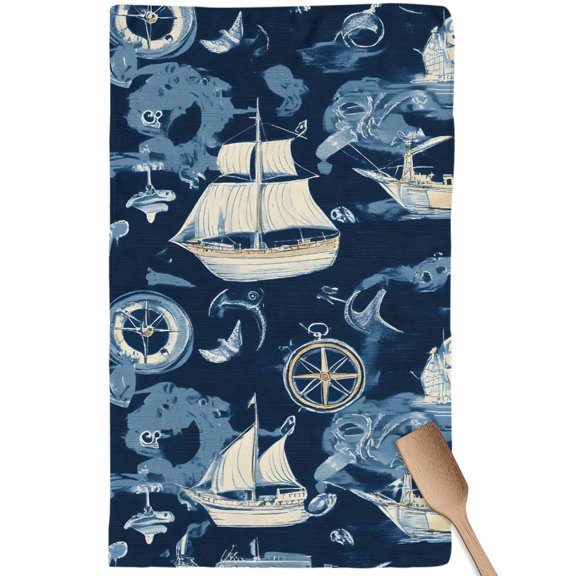 Navy Blue Coastal Kitchen Towel Dish Cloths Set of 1, Microfiber Soft Kitchen Hand Towels, Nautical Boat Summer Beach Ocean Absorbent Quick Drying Dishcloths 18 x 28 Inches