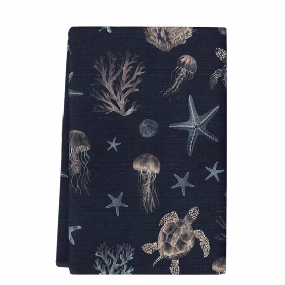 Navy Blue Coastal Kitchen Towels Set of 1,Absorbent Microfiber Dish Tea Towels with Hanging Loop,Nautical Summer Beach Sea Turtle Starfish Resuable Hand Towel for Home Kitchen Cleaning 18"x28"