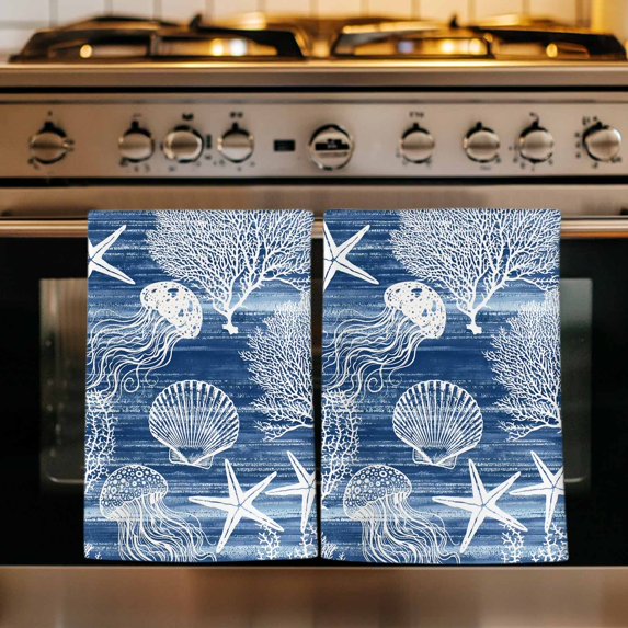 Navy Blue Coastal Kitchen Towels Set of 1, Nautical Starfish Coral Jellyfish Shell Sea Absorbent Dish Towels for Kitchen, Microfiber Hand Towel, Quick Drying Tea Towel for Cleaning Dishcloths